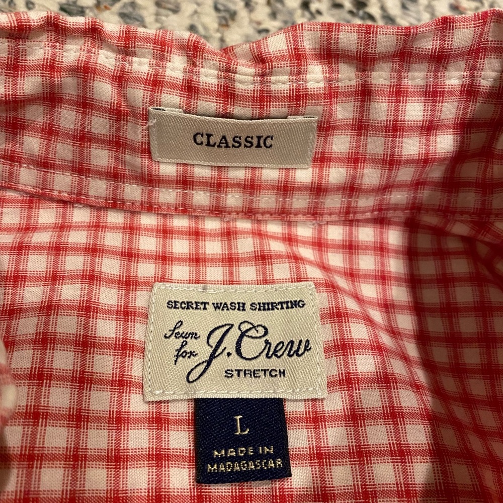 JCrew, men’s button down red gingham shirt, classic large, great condition